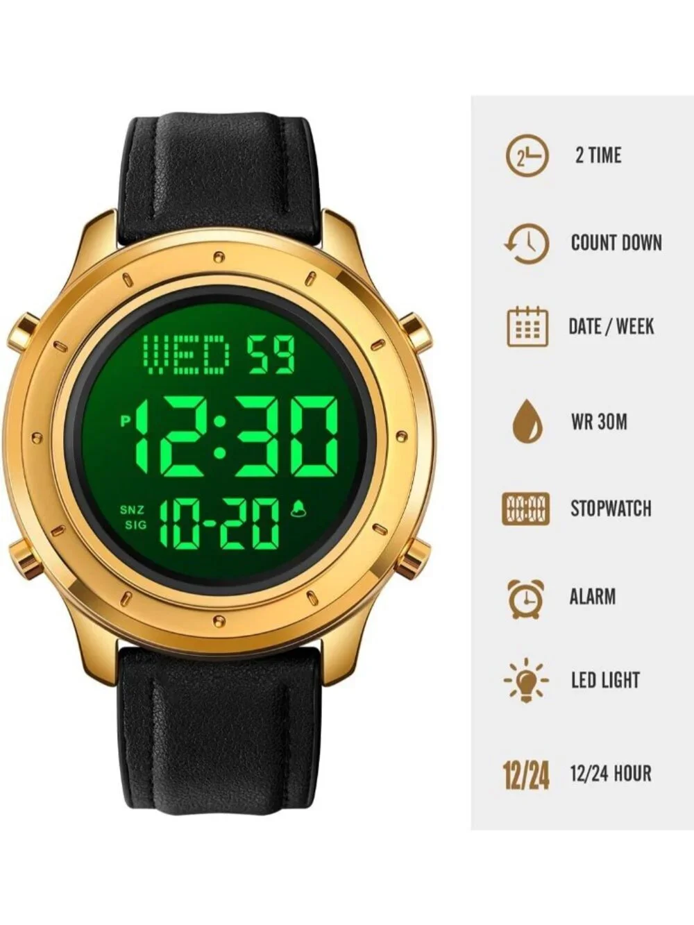 Mens Black Gold Analog Quartz Stainless Steel Waterproof LED Digital Wrist Watch